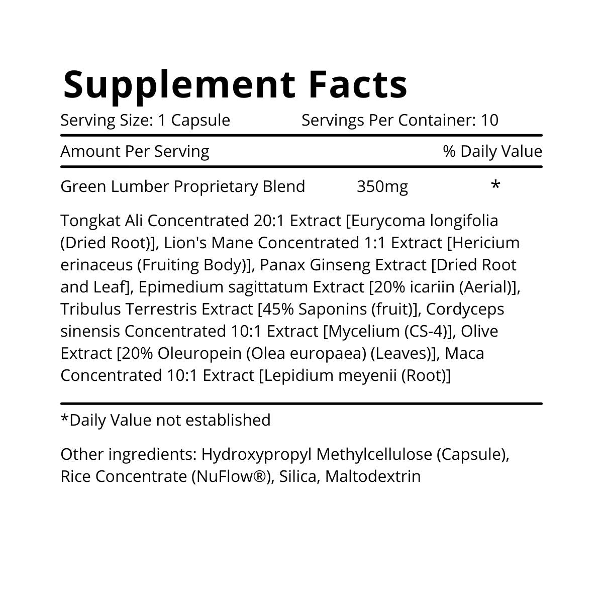 Green Lumber Natural Fuel For Men supplement facts. Green Lumber Proprietary Blend 350mg. Daily Value not established.